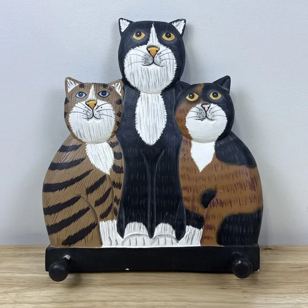 Pier 1 Three Cats Folk Art Wooden Wall Hooks Hanger
